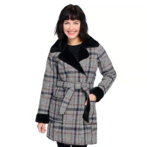 Solitaire Twill Plaid Faux Fur Lined Belted Coat
